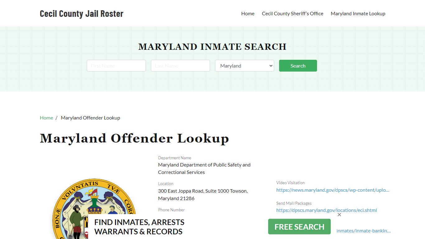 Maryland Inmate Search, Jail Rosters